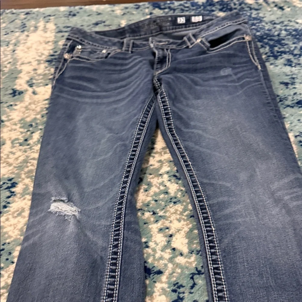 Miss Me Blue Denim Bootcut Jeans with Black & Silver Embroidered Pockets - Picture 7 of 9